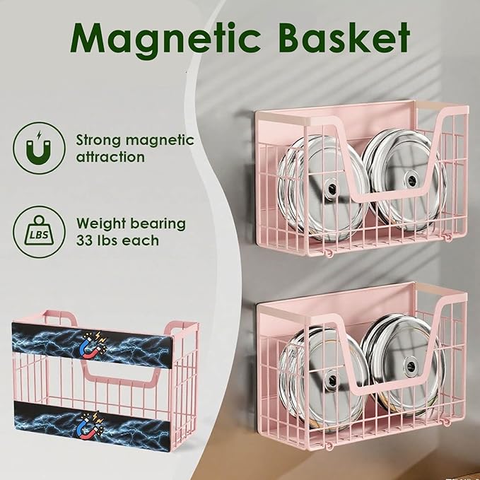 Pink Magnetic Shelf for Fridge, 2 Set Magnetic Fruit Baskets for Refrigerator Magnet Shelves, Potato and Onion Storage Bins, Magnet Holder Wire Basket for Laundry Room Pantry Kitchen Organizer