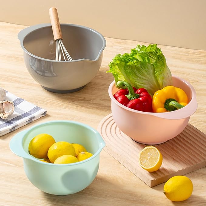 Set of 3 Mixing Bowls with Pour Spout-Nesting Design Saves Space - Non-Slip, BPA Free, Dishwasher Safe Plastic - Kitchen Cooking and Baking Supplies (Green Pink Grey)