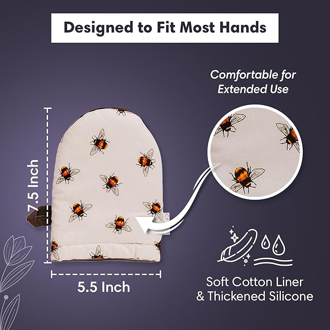 Crae Home - Mini Oven Mitt | Milk & Honey Pattern Silicone-Lined Grip Heat-Resistant Cotton Kitchen Mitt with Hanging Loop | Cute Pot Holder Style Oven Glove for Baking & Cooking | 7.5” x 5.5”
