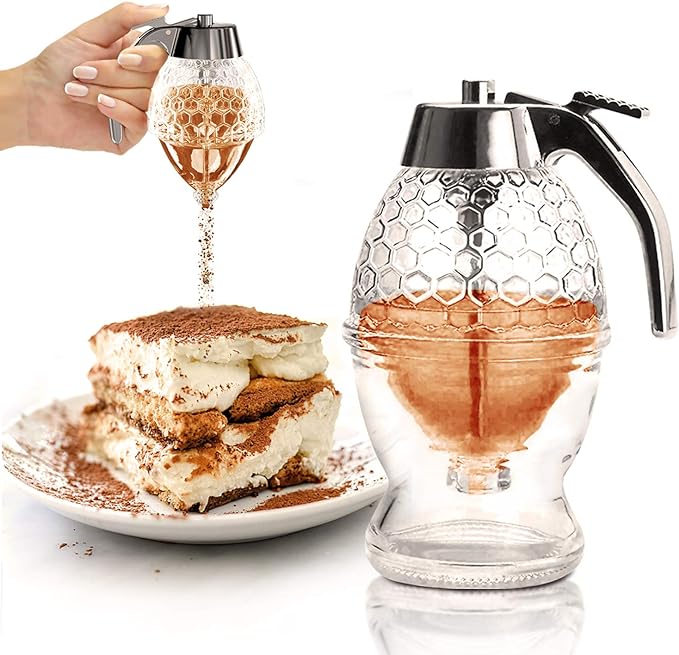 CLEVLI Honey Dispenser – No Drip Glass with Stand – Honey Jar – Clear Glass Honey Container with Dipper 8 Oz – Maple Syrup Dispenser – Honey Pot with Stand – Honey Bottle with Flip Top Lid