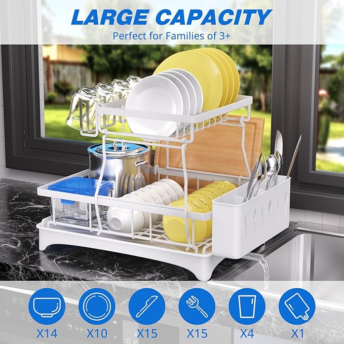 Godboat Dish Drying Rack, 2-Tier Dish Rack with Auto-Drain & Mat, Dish Racks for Kitchen Counter, Dish Drainer with Knife, Fork & Cup Rack, Gifts for Women, Mothers Day, Kitchen Gadgets, White