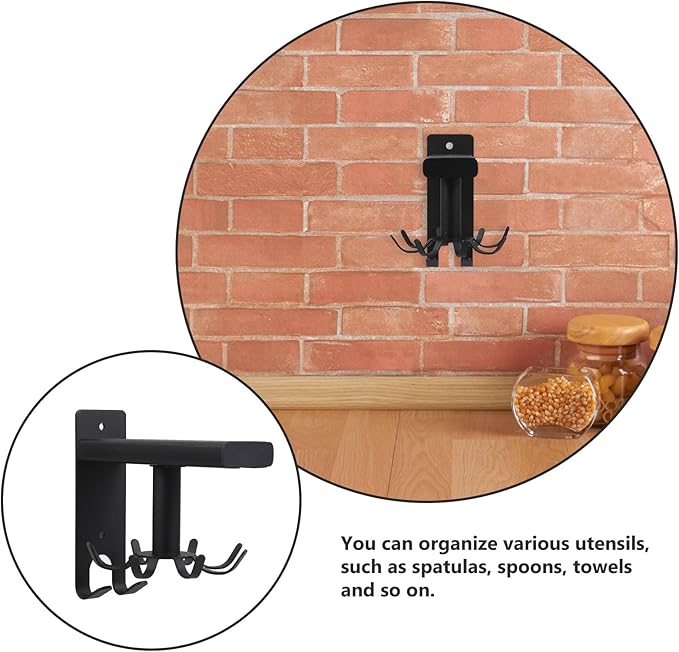 Angoily Wall Mounted Rotating Kitchen Utensil Hooks Organizer, 8 Black Hooks for Hanging Cooking Tools and Sundries, Space-Saving Wall Hanger for Kitchen and Bathroom Storage