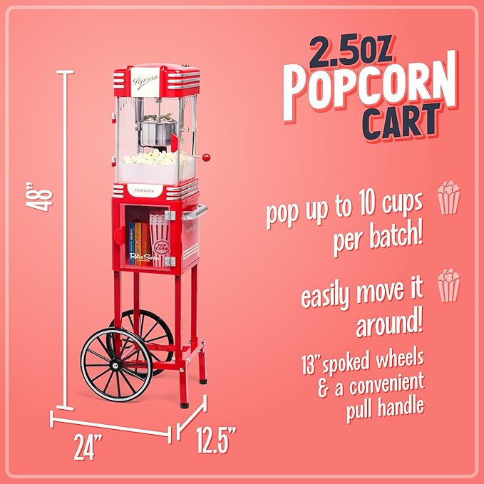 Nostalgia Popcorn Maker Machine - Professional Cart With 2.5 Oz Kettle Makes Up to 10 Cups - Vintage Popcorn Machine Movie Theater Style - Retro Red