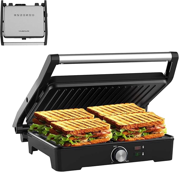 Panini Press,Sandwich Press Grill,180 Degree Open,Perfect for Grilling Sandwich,Steak,Burger,Non-Stick Grill,Table Grill,Stainless Steel,Temperature Adjustable,4 Slice,Barbecue,GT49A
