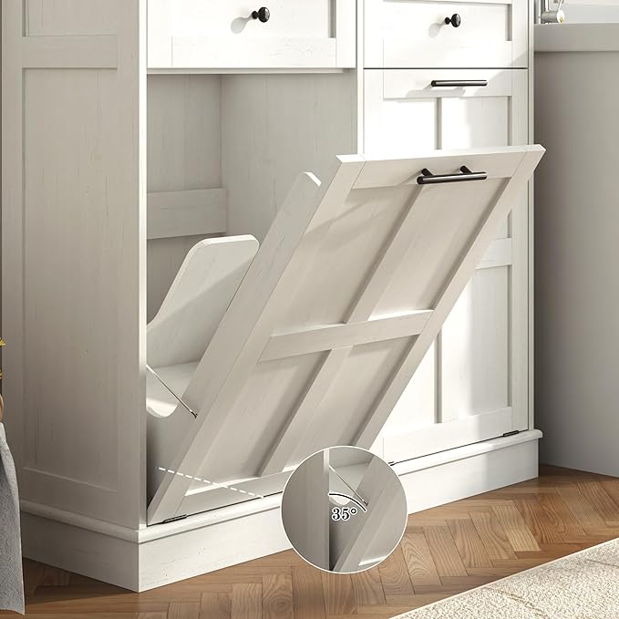 Double Trash Can Cabinet, 26 Gallons Farmhouse Hidden Wood Garbage Can Bin Cabinet with Drawers, Tilt Out Laundry Hamper with Laundry Storage Basket for Bathroom, Kitchen, Antique White