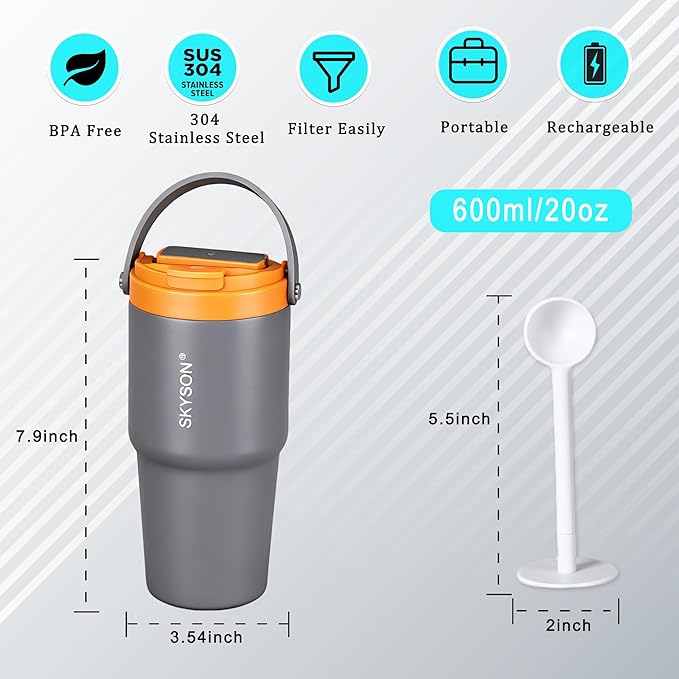 Fast Extraction Mini Electric Espresso Maker - Portable Filter Coffee Brewer for Travel,Insulated Stainless Steel Tumbler,20 oz Reusable Iced Coffee Cup Machine,Hot Coffee Mug with Lid(Orange+Grey)