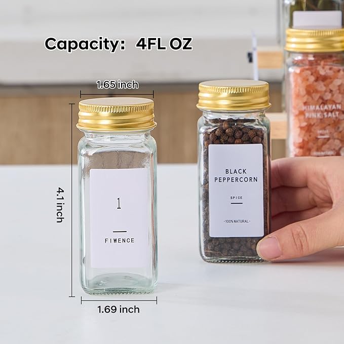 24 Pcs Glass Spice Jars with 576 Labels, 4oz Empty Square Spice Containers,Seasoning Bottles with Gold Metal Caps - Shaker Lids, Funnel and Pen Included