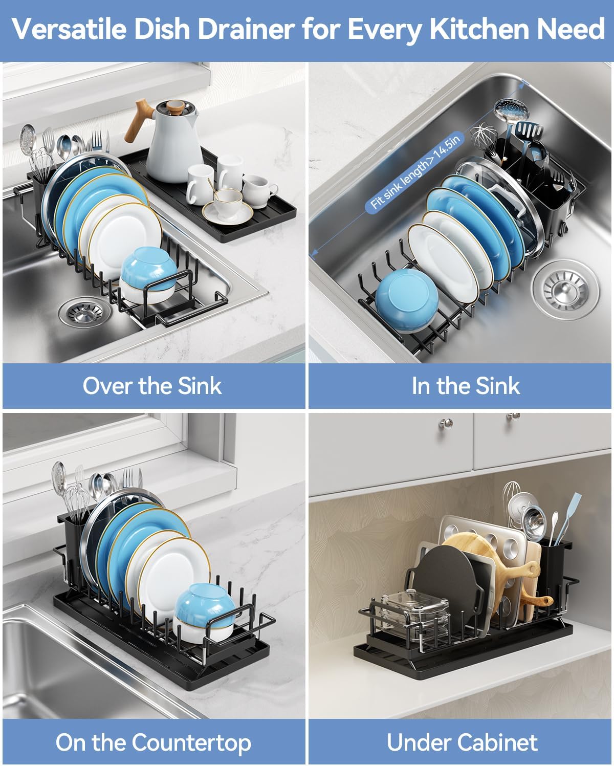 Small Dish Drying Rack in Sink, Expandable Dish Drainer Over Sink with Silicone Drying Tray, Compact Dish Rack for Kitchen Counter with Utensil Holder, Drying Rack Organize Small Space, Black