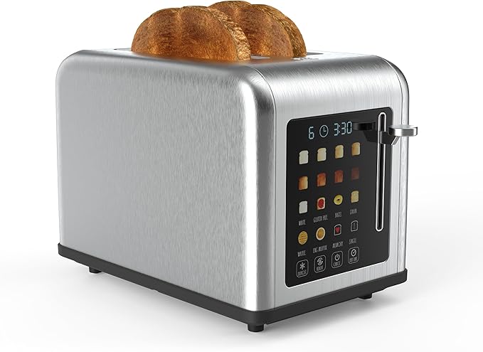 Rae Dunn 2 Slice Smart Toaster, Digital Display, Wide Slots, 8 Browning Levels, 6 Bread Types, 4 Functions (Defrost, Reheat, Cancel, Add Time), 825W Digital Stainless Steel