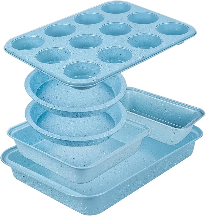 Baking Pans Set Non Stick, Bakeware Sets Stackable, Oven Safe, Steel Baking Set Supplies for Home Baking, Roasting, Easy to Release, Sturdy Bake Gifts for Holiday, Blue, 6 Pieces