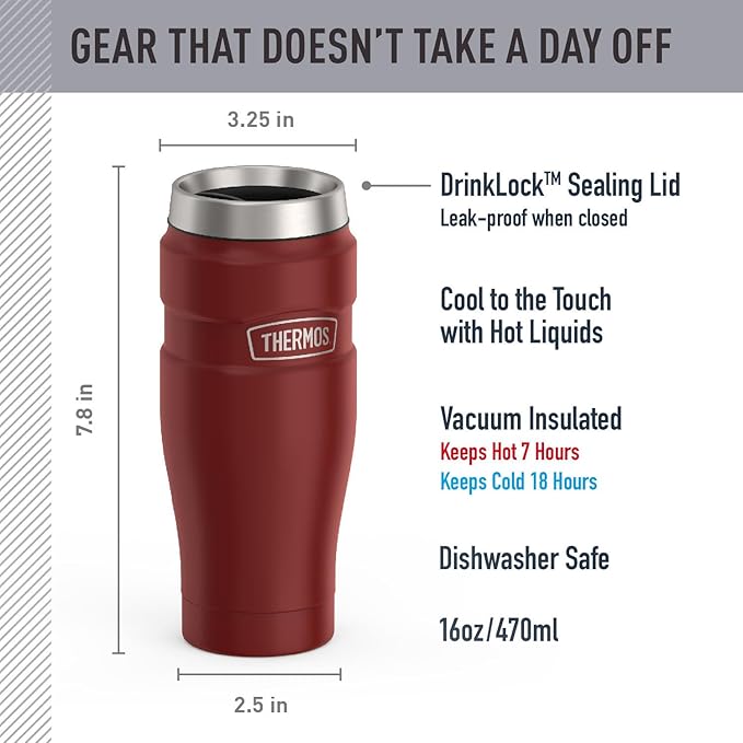 THERMOS Stainless King Vacuum-Insulated Stainless Steel Tumbler - 16oz, Rustic Red - Insulated Coffee Tumbler for Hot & Cold Drinks - Leak-Proof & Sweat-Proof for Commuting & Traveling