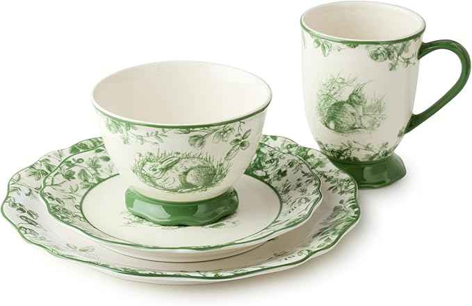 Le Jardin Bunny 16-Piece DINNERWARE SET, SERVICE FOR FOUR – Elegant Stoneware Plates, Bowls & Mugs for Springtime, Easter, Garden Parties & Everyday Charm – Scalloped Floral Toile Design