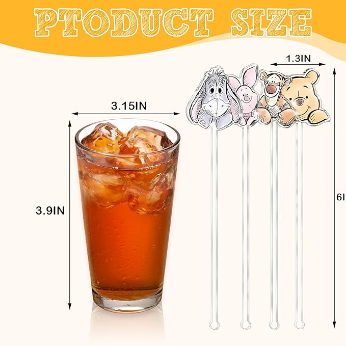 24 Pcs Winnie Bear Theme Acrylic Stirring Sticks for Coffee, Cocktail, Drinks Stirrers for Baby Shower, Christmas Party Decor