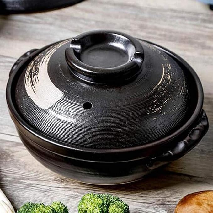 Round Casserole Dish Heat-Resistant Ceramic Casserole With Lid Soup Pot With Soup Pot Oil-Free Saucepan Japanese Donabe Hot Pot With Brushstroke Saucepan With Slow Stew W,B-0.9L