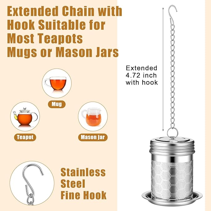 Umigy 4 Pcs Tea Infuser Strainers for Loose Tea with Scoop, Extra Fine Mesh Steeper 304 Stainless Steel Diffuser Leaf Holder with Extended Chain Hook for Brew, Spices, Seasoning, Silver