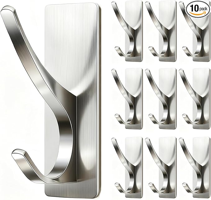 pickpiff Brushed Nickel Self Adhesive Coat Hooks for Hanging: 13LB Extra Strong Stainless Wall Hook for Towel, Utensil, Backpack, Hat, Sturdy Metal Hanger for Bathroom, Kitchen, Door, 10 Pack