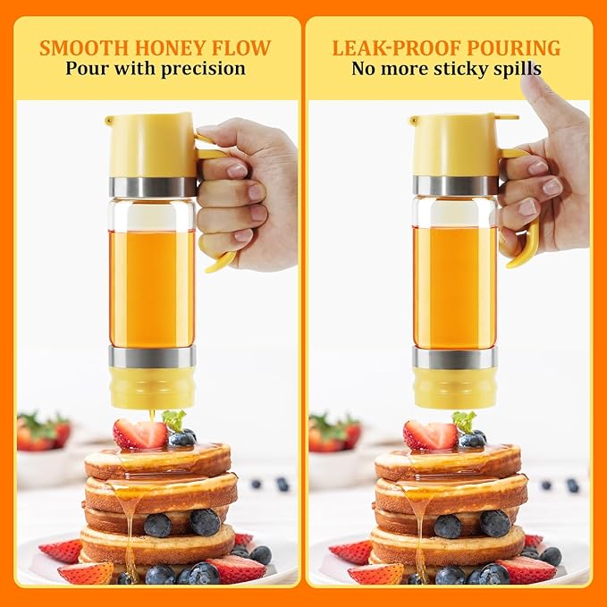 Aelga Honey Dispenser, Honey Dispenser No Drip 12 oz Glass Honey Jar with Handle, Easy Pour Syrup Dispenser for Coffee Bar, Tea & Kitchen Accessories (Yellow)
