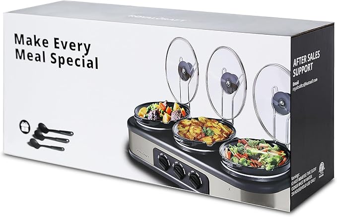Triple Slow Cooker Buffet Server with 10 Cooking Liners, Adjustable Temperature Settings, Dishwasher Safe, for Parties, Holidays and Entertaining, 3 * 1.5 Quarts Silver