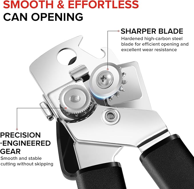 MARSWELL Manual Can Opener with Comfy Grip, Easy Turn Knob & Magnetic Lid Lifter, Smooth Cutting Hand Held Can Opener for Seniors, Arthritis & Weak Hands, Heavy Duty Kitchen Tool, Black