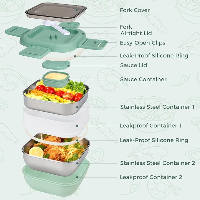 Sinnsally Bento Box Adult Lunch Box with Stainless Steel Container,Metal Lunchable Food Storage Container with Sauce Jar (Khaki Green)
