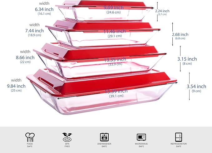 Set of 8 PCS Nesting Tempered Glass Bakeware Set, 4x Glass Baking Dishes and 4x BPA Free Lids. Oven, Refrigerator and Dishwasher Safe.