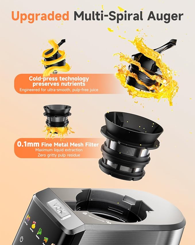VCK Cold Press Juicer - Large 5.12" Feed Chute, Easy to Clean, Slow Masticating for Nutrient Retention, Quiet Motor, High Juice Yield, Leakproof - Sliver