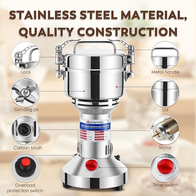 Moongiantgo 500g Grain Grinder Mill Electric Spice Grinder 2500W High-speed Grinding Machine 50-300 Mesh Stainless Steel 110V Pulverizer Dry Grinder (Timer Switch)