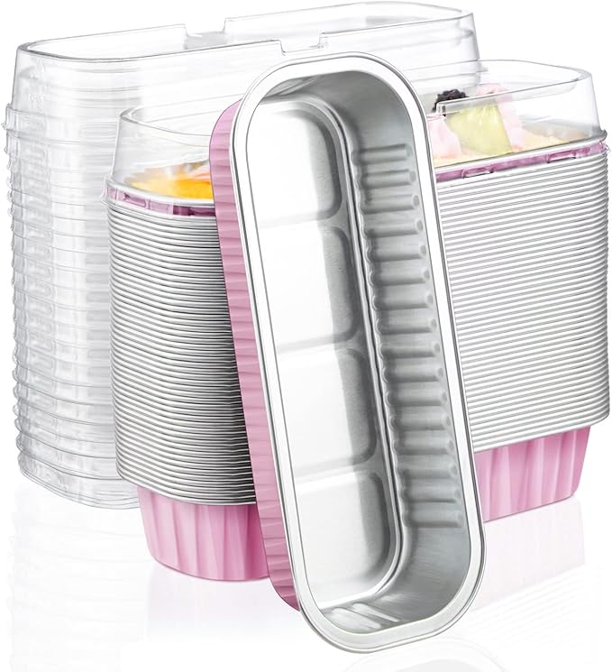 EUSOAR Cupcake Liners with Lids, 50pcs 6.8oz 6.5"x2.5"x1.2" Aluminum Disposable Foil Mini Loaf Pan Tin with Lids，Cupcake Baking Cups Ramekins Containers, Dessert Cheesecake Creme Brulee Ramekins Pan