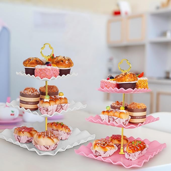 5 Pcs Dessert Display Stands, 2pcs Dessert Stands 3 Pcs Tray, Pink Dessert Display Stands, Treat Table Displays Set for Wedding Baby Shower Tea Party, Ease of Cleaning and Assembly