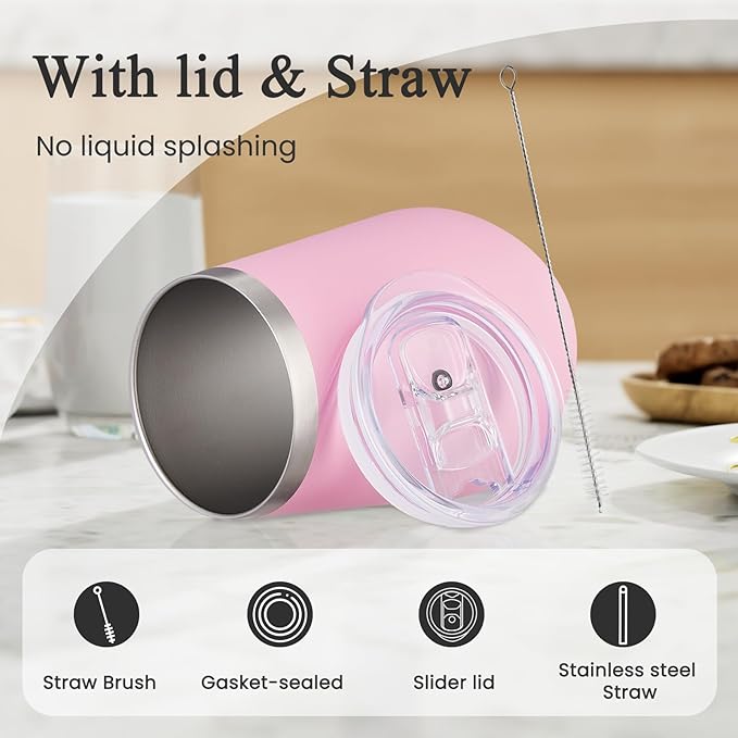 MEWAY 12oz Insulated Wine Tumbler with Press-In Lid, Double Wall Vacuum Stainless Steel Travel Tumbler with Straw,Travel Cup for Coffee and Drinks, Gift for Woman Under 10 dollars(Pink,1)