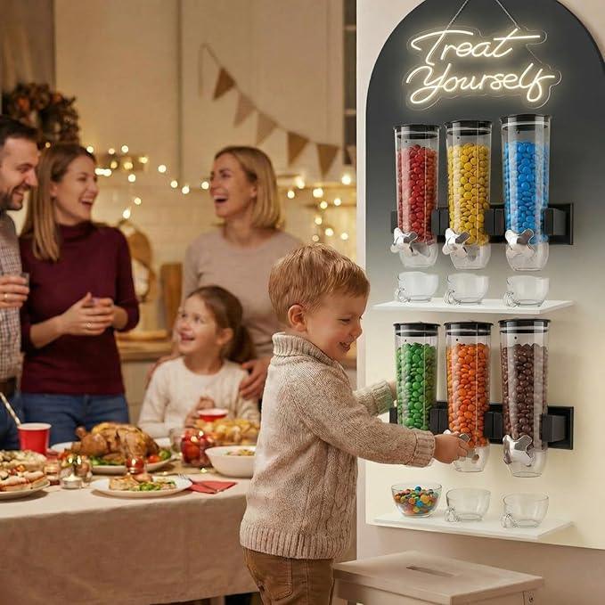 Lounsweer 6 Pcs Wall Mounted Cereal Dispenser with 1pcs Treat Yourself Neon Signs 9 L Candy Machine Grain Dispenser Neon Snack Sign Wall Mount for Home Kitchen Food Store Birthday Gift Party Decor