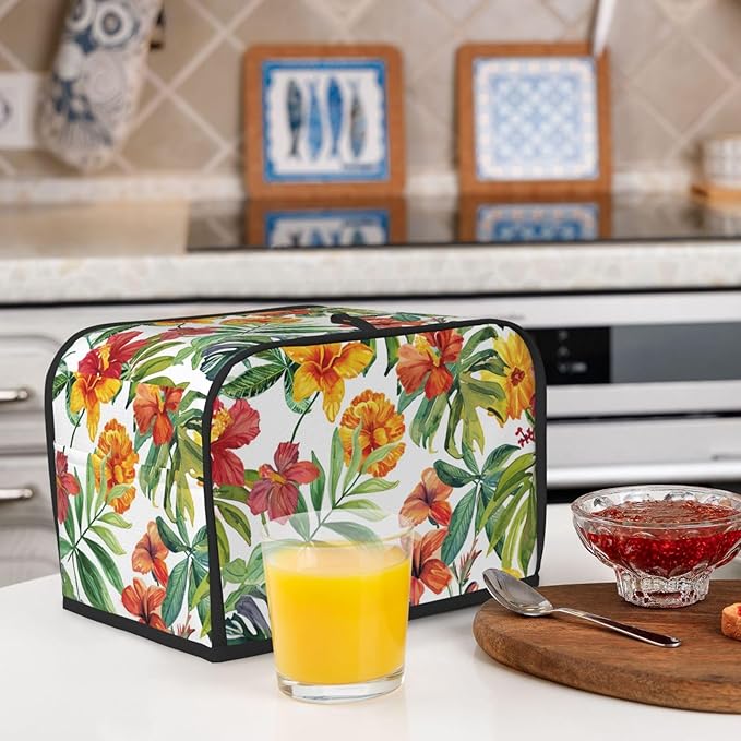 Tropical Flowers Toaster Cover 2 Slice, Cute Rural Bread Machine Cover, Washable Dust-Proof Cover for Kitchen Small Appliance Cover,with Top Handle
