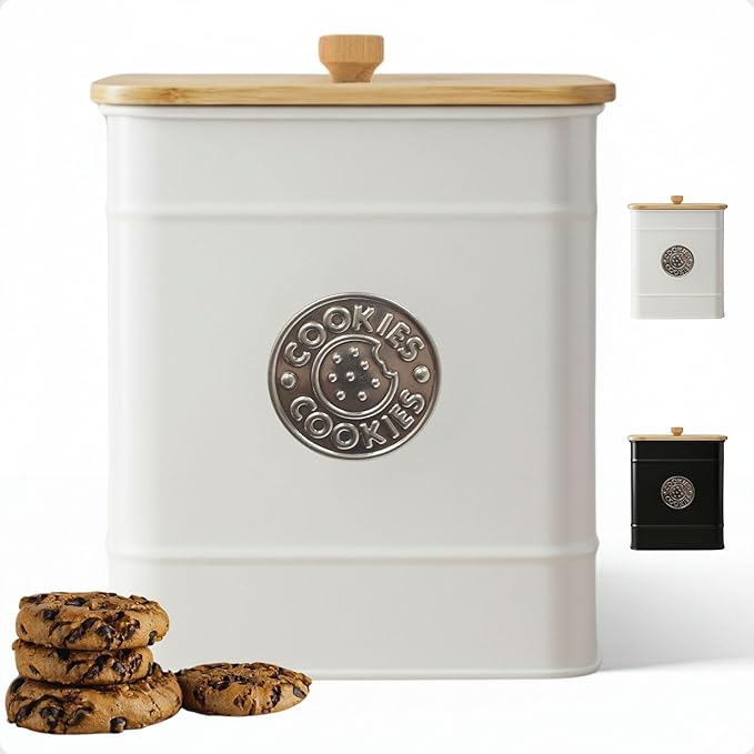 Cookie Jar with Airtight Lid - 1 Gallon - 6"D x 8"H White Iron Cookie Tin with Bamboo Lid - Large Cookie Jars with Lids Airtight - Farmhouse Cookie Jars for Kitchen Counter Decorative - Cookies Jar