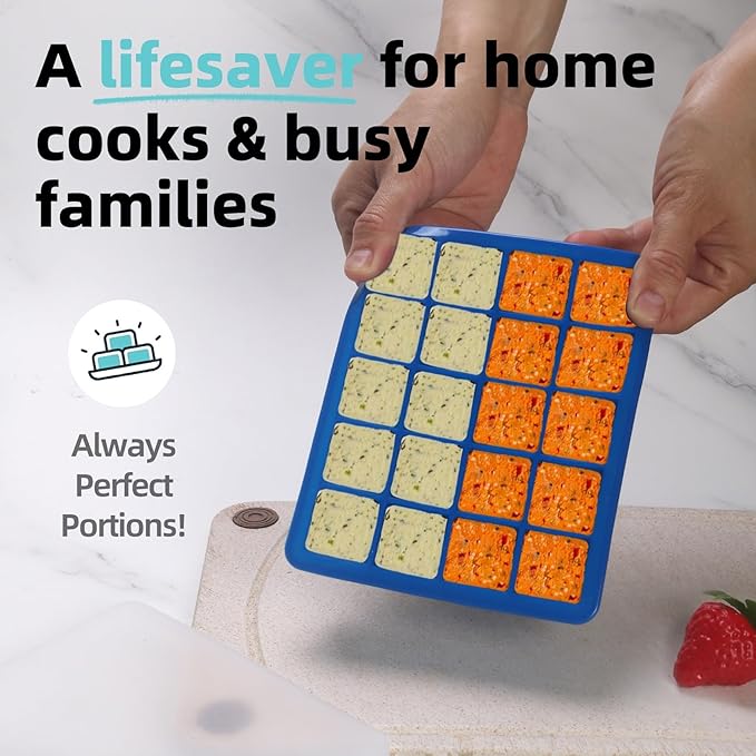 1 Tbsp Silicone Freezer Molds - Perfect for Storing Garlic, Herbs, Ginger, Pesto, Tomato Paste, Lemon Juice,Vegetable Purees,Purees and More - Silicone Food Freezer Tray(Blue 4 Pack)