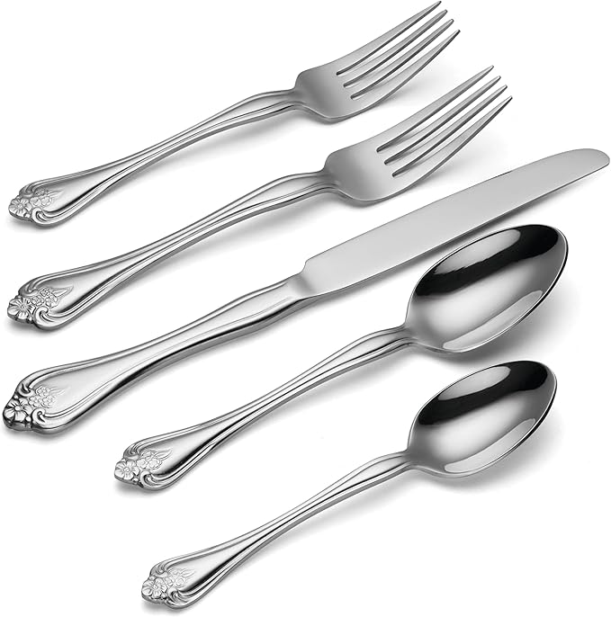 Oneida Silverware Set, Boutonniere 45 Piece Everyday Flatware Set, Service For 8, 18/0 Stainless Steel Silverware Sets, Mirror Finish, Dishwasher Safe, Home And Kitchen Utensils (Silver, 45 Piece)