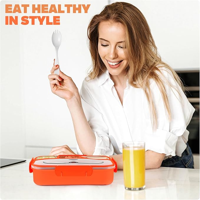 EASYFUN Bento Box Adult, Lunch Box, 4-Compartment Lunch Containers, Drop-Proof, Dishwasher Safe & Made with BPA-Free Materials (Orange)