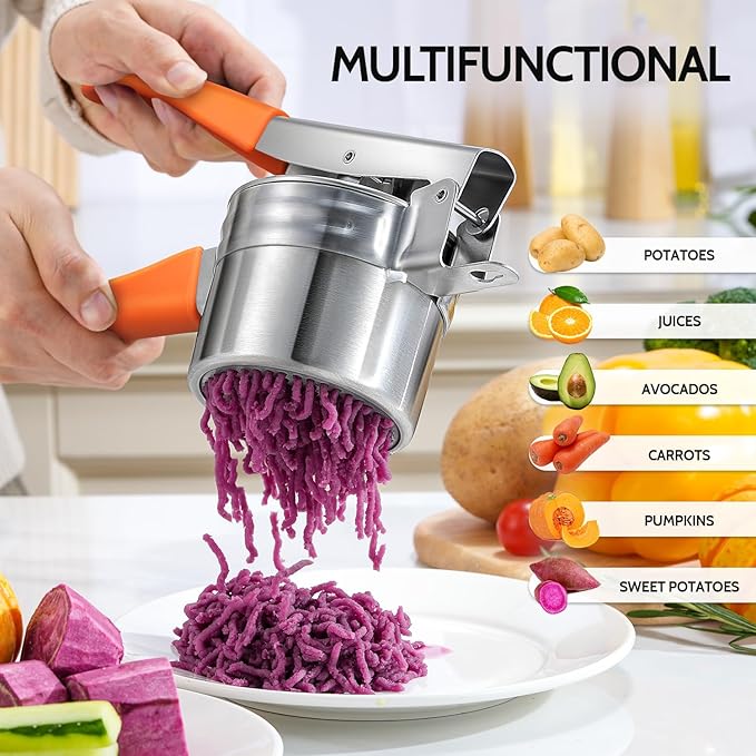 Potato Ricer, Sopito Upgraded Stainless Steel Potato Masher with 3 Interchangeable Discs, Heavy Duty Kitchen Tool Gadget, Orange