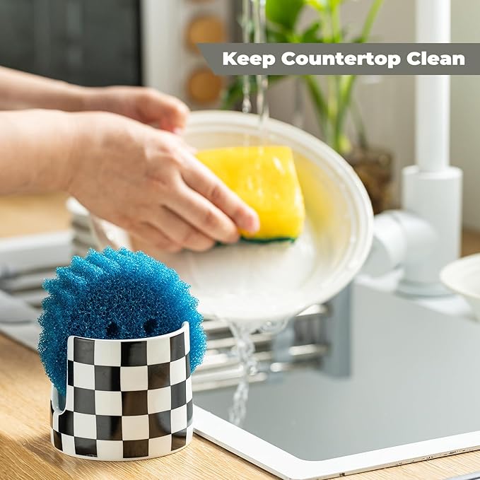 Checkered Kitchen Sink Sponge Holder, Dish Sponge Rack Ceramic Brush Holder Farmhouse Kitchen Drying Rack for Brush, Scrubbers, Bathroom, Sink, Black and White