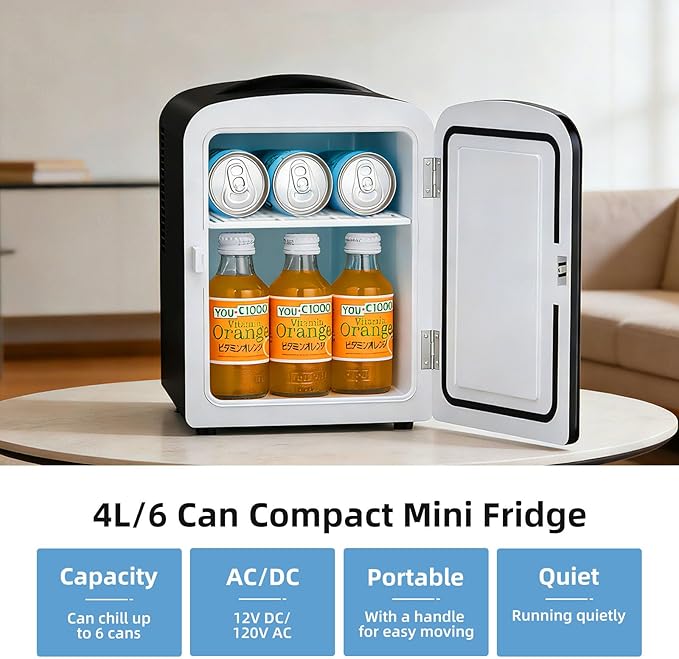Antarctic Star 4L/6 Can Portable Mini Fridge,Personal Compact Refrigerator,Small Cooler for Food,Drinks or Skin Care, AC/DC for Bedroom, Car, Office & Dorm, Black