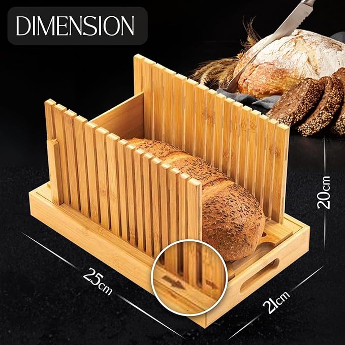 Bamboo Bread Slicer with High-Grade Stainless Steel Knife – Adjustable Wooden Bread Cutter Guide with Crumb Tray, Brush & Pouch | Manual Bread Slicer for Homemade Bread, Sourdough, Loaf, Cakes