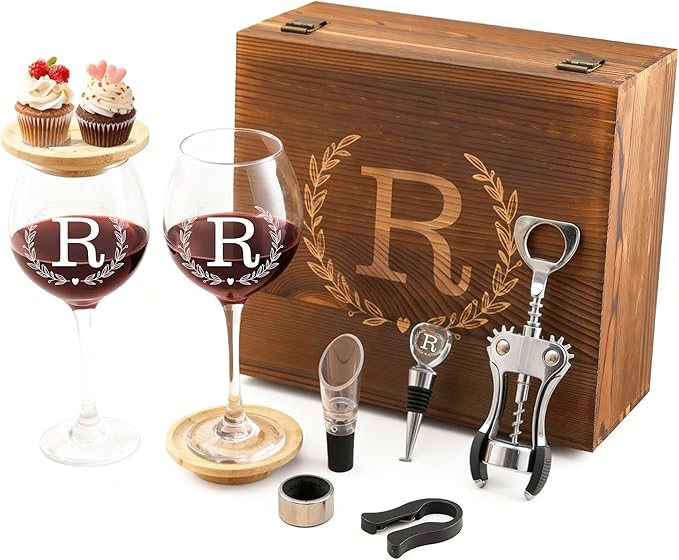GZLDGIFTS Personalized Initial Wine Glasses Box Gift Set For Women Mom Engraved Birthday Monogrammed Wooden Christmas Gifts Wedding Anniversary Wine Couples Stopper Opener Initial Letterr (R Set)