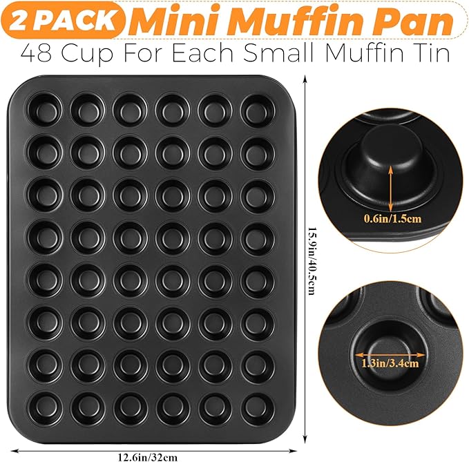2 Pack Mini Muffin Pan 48 Cup, Mini Cupcake Pans for Baking, Nonstick Small Muffin Tin, Small Cupcake Pan, Dishwasher Oven Safe - Black