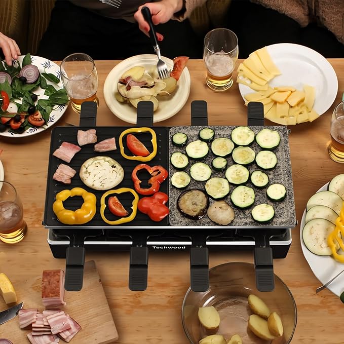 Raclette Grill, Techwood Electric Indoor Grill with 2 Reversible Non-stick Grill Griddle Plates, 1 Stone Grill Plate, 1500W Fast Heating with 8 Cheese Pans, Ideal for Parties and Family Fun, Black