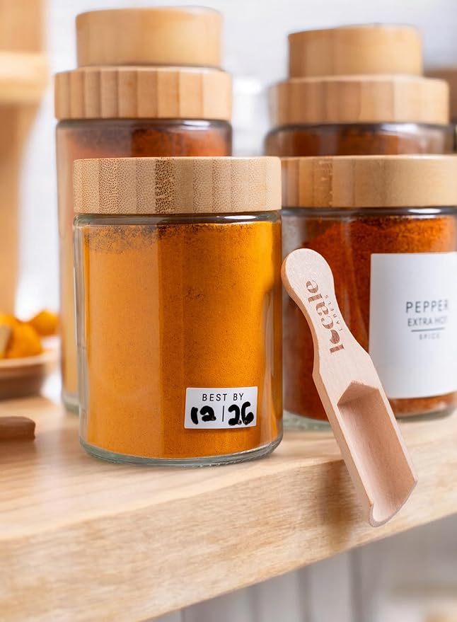 12 pcs Glass Spice Jars with Bamboo Lids - 8oz Spice Containers with 360 Spice Labels, Expiration Date Stickers & Measuring Spoon - Kitchen Organization & Storage Set for Herbs, Seasonings & Spices