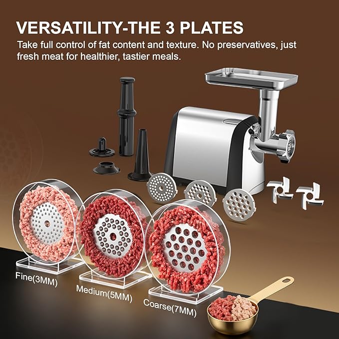 Electric Meat Grinder, 2600W Max 3-IN-1 Heavy Duty Sausage Stuffer with Sausage tube & Kubbe Kit, 3 Grinding Plates 2 Blades for Home Kitchen & Small Commercial Use, Stainless Steel