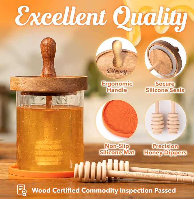 CLEVLI 12 oz Honey Pot Set with Silicone Mat, Airtight Wooden Lid, 2 Extra Dippers & Custom Gift Box | Glass Container Honey Jar for Honey & Syrup | Durable & Stylish Kitchenware Food Storage