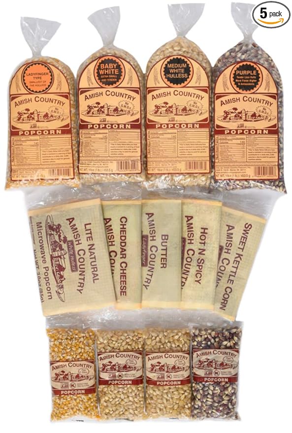Amish Country Popcorn | Variety Sampler Pack | 4-4 oz Bags, 4-1 lb Bags and 5 Microwave Bags | Baby White, Medium White, Ladyfinger and Purple Popcorn Kernels and 5 Flavored Microwave Bags