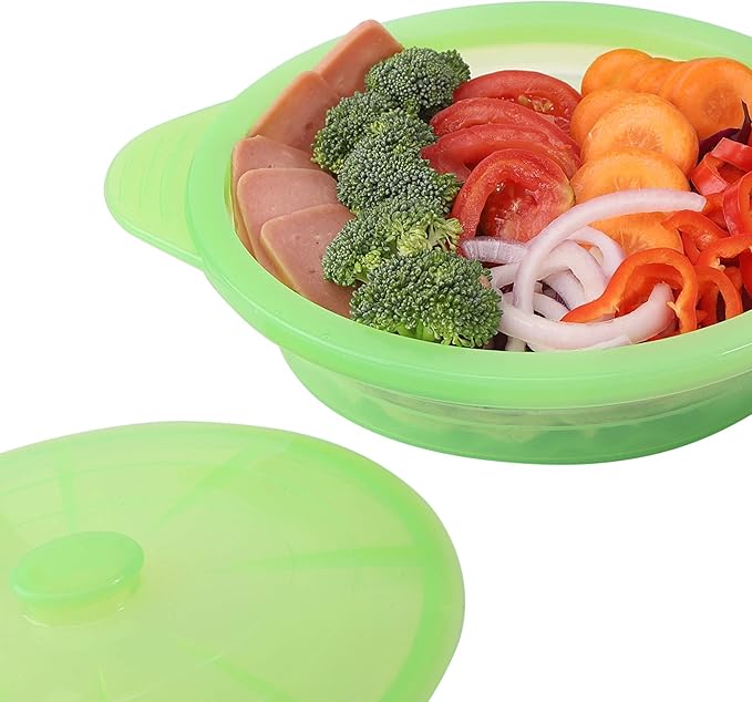 Microwave Steamer Cooker Collapsible Bowl-Silicone Steamer Cookware with Handle Lid for Vegetables Fish Prep Meal Food with Removable Rack BPA Free, Easy to Store, Freezer & Dishwasher Safe, Large