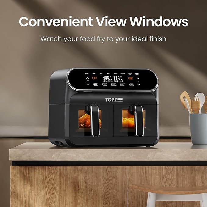 Topzee Dual Basket Air Fryer 8QT – Family Size Air Fryer with Dual Independent Zones, 8 Cooking Presets, Simultaneous Finish Mode, Viewing Windows, 90–400°F, Low-Oil Cooking, Black
