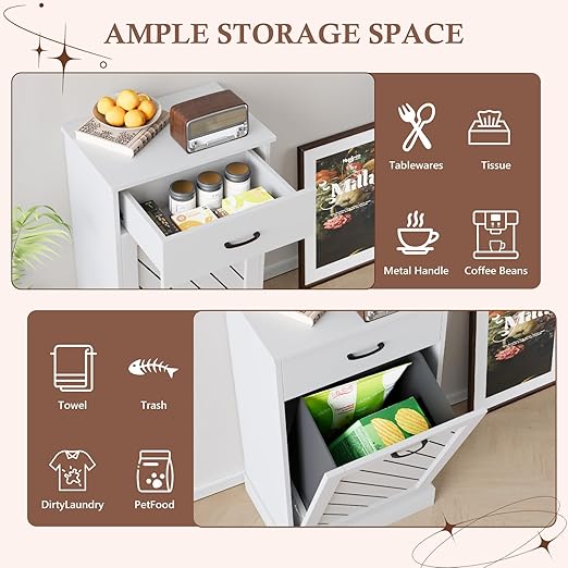 Tilt-Out Trash Can Cabinet, 13 Gallons Hidden Garbage, Hidden Kitchen Trash Cabinet with Storage Drawer, Pet-Proof Wooden Garbage & Recycling Cabinet for Kitchen, Laundry & Living Room, White